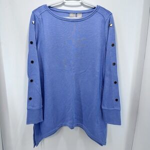 Chico's Zenergy Hydrangea Blue Tunic Women's ‎ Size 8/10 Pullover Button Sleeve